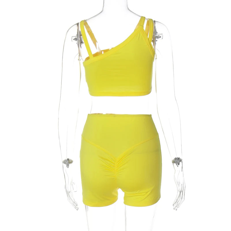 Hugcitar Summer Fashion 2 Pcs Sets Solid Straps Backless Sexy Crop Tank Top Draped Shorts Slim Women Clothes Vacation Work Out