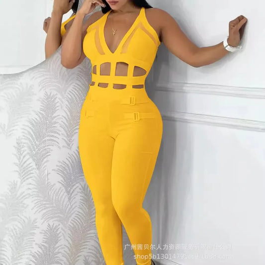 2024 New White Waist Hollow Strap Neck Tight Jumpsuit Fashion Trend Sleeveless Spring And Autumn Solid Color