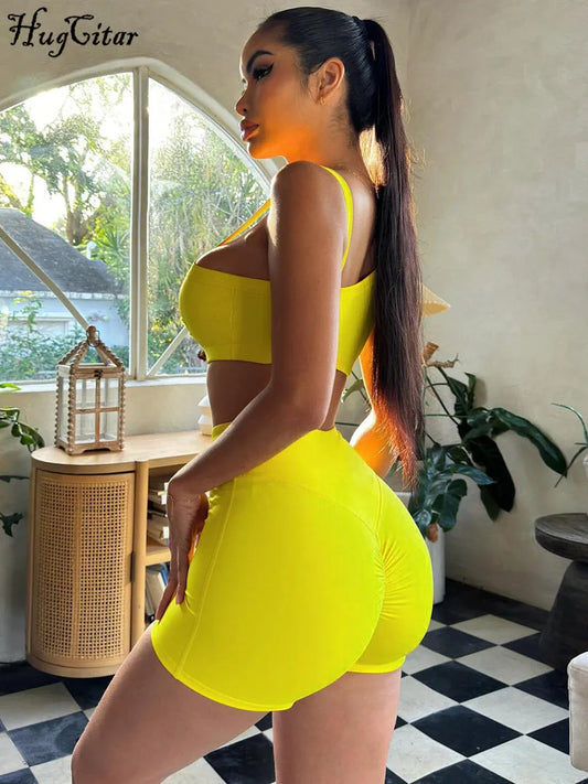 Hugcitar Summer Fashion 2 Pcs Sets Solid Straps Backless Sexy Crop Tank Top Draped Shorts Slim Women Clothes Vacation Work Out