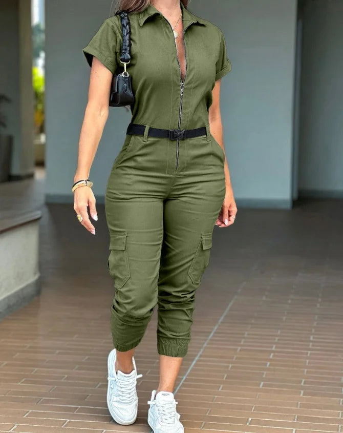 Women's Long Jumpsuits Summer Turn-Down Collar Short Sleeve Zipper Front Cuffed Jumpsuit Women Casual Pocket Design Cargo Romper