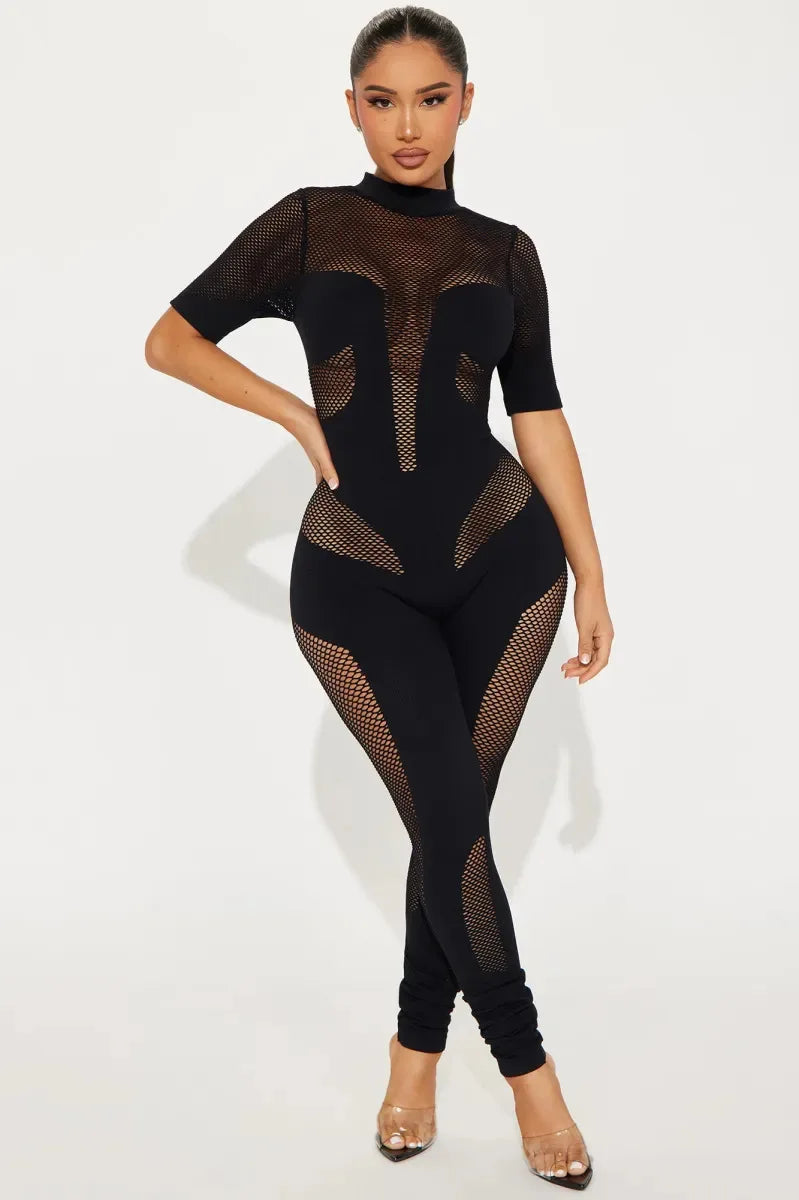 Short Sleeve Women Mesh Hollow Out O-neck Rompers Jumpsuits 2024 Summer Sleep Night Club Party One Piece Sexy Outfits
