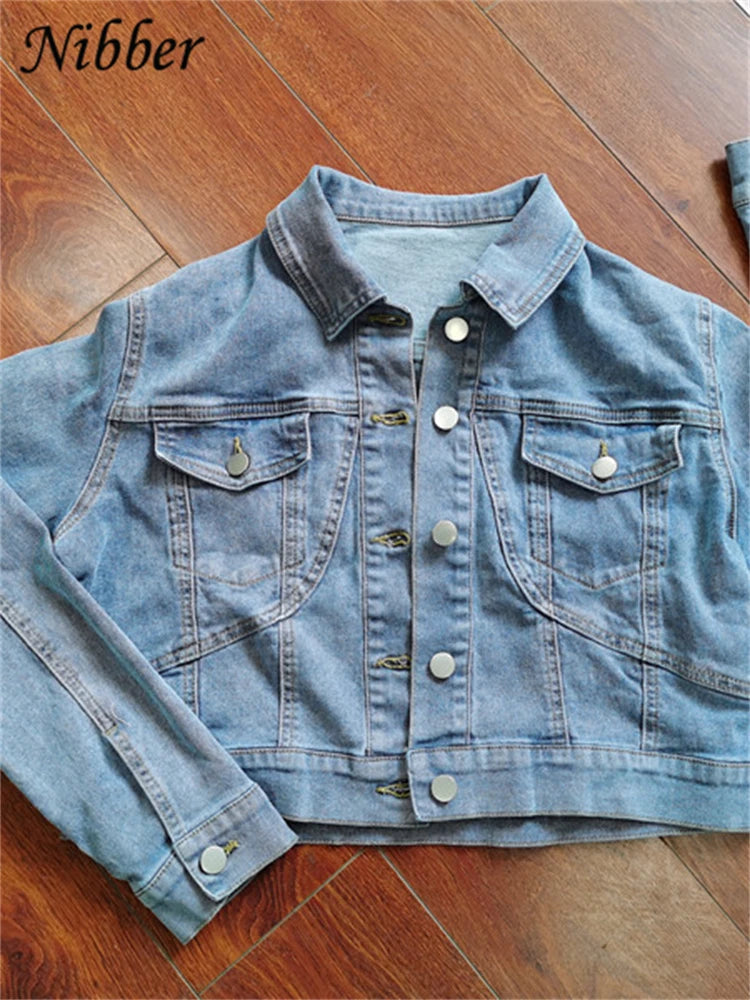 Nibber Denim Fabric Autumn Trend Two Piece Set Patchwork Women Lapel Short Jacket + Slim Fitting Super Shorts Sexy Street Suits