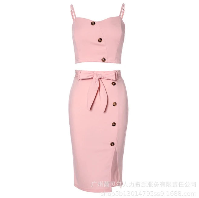 Two Piece Set Women Outfit 2024 Summer Fashion Button Decor Spaghetti Strap Crop Cami Top & High Waist Split Midi Skirt Set