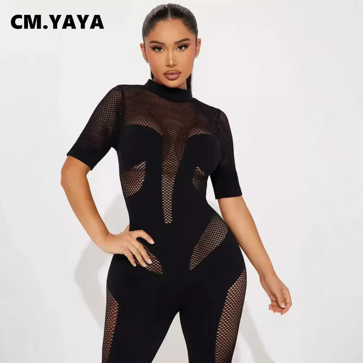 Short Sleeve Women Mesh Hollow Out O-neck Rompers Jumpsuits 2024 Summer Sleep Night Club Party One Piece Sexy Outfits