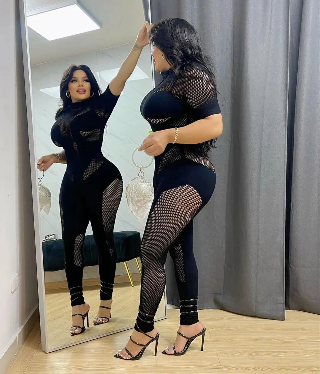 Short Sleeve Women Mesh Hollow Out O-neck Rompers Jumpsuits 2024 Summer Sleep Night Club Party One Piece Sexy Outfits