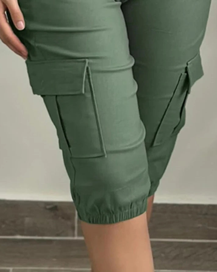 Women's Pants 2024 Summer Fashion Pocket Design Cuffed Drawstring Casual Plain High Waist Skinny Daily Knee-Length Pants