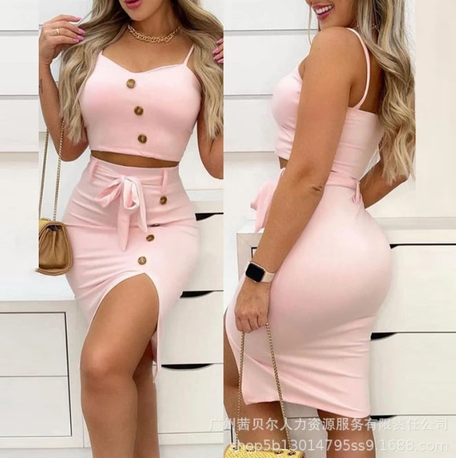 Two Piece Set Women Outfit 2024 Summer Fashion Button Decor Spaghetti Strap Crop Cami Top & High Waist Split Midi Skirt Set