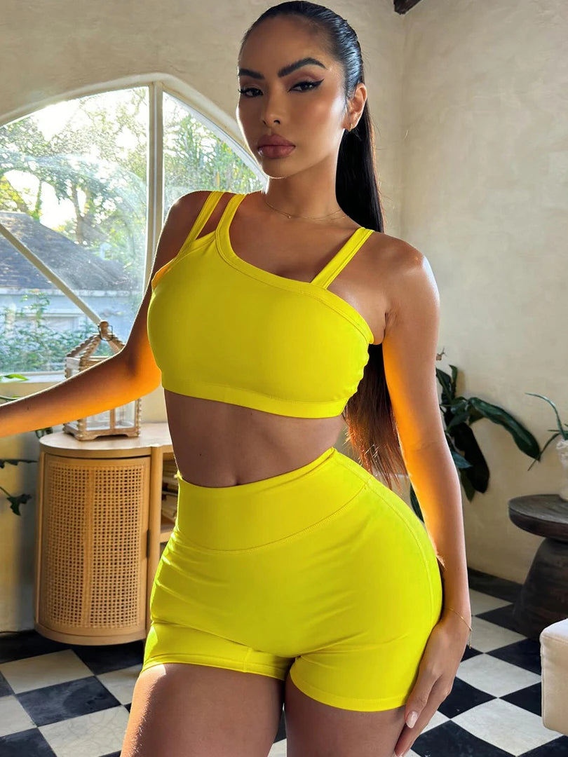 Hugcitar Summer Fashion 2 Pcs Sets Solid Straps Backless Sexy Crop Tank Top Draped Shorts Slim Women Clothes Vacation Work Out