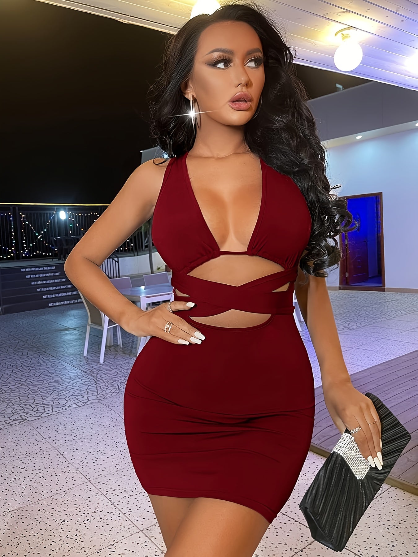 Women's Sexy Yellow Bodycon Dress with Criss Cross Tie Back, Plunging Neckline - Sleeveless, Stretch Polyester Fabric, Machine Washable, Summer Outfit | Criss Cross Design | Stretchable Material, Body Fitting Dress
