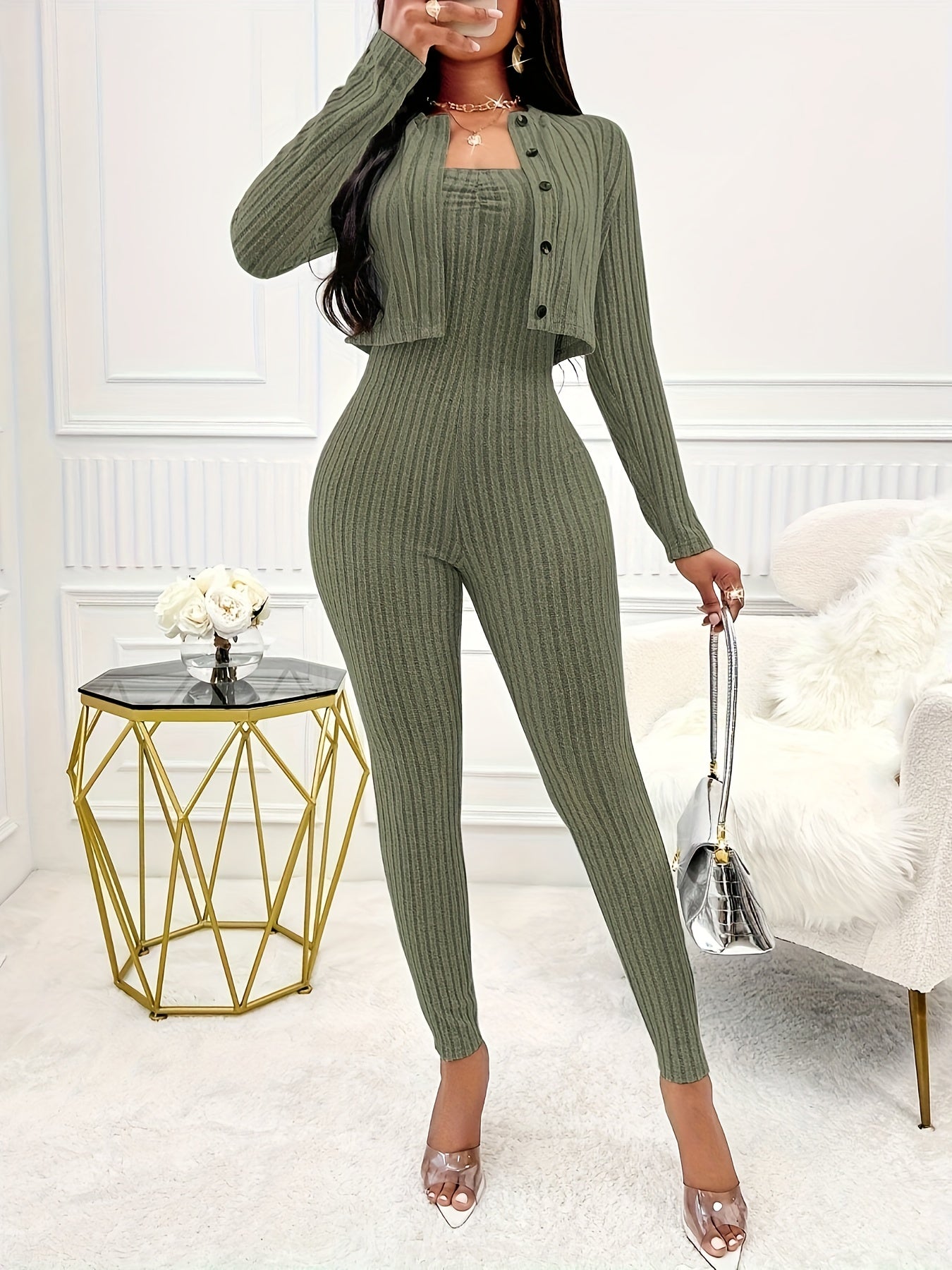 Women's Solid Color Ribbed Two-piece Set - Long Sleeve Button Front Crop Cardigan & Skinny Strapless Jumpsuit Outfits - For Women - Perfect for Casual & Party Occasions - Stylish Gift for Fashionable Women