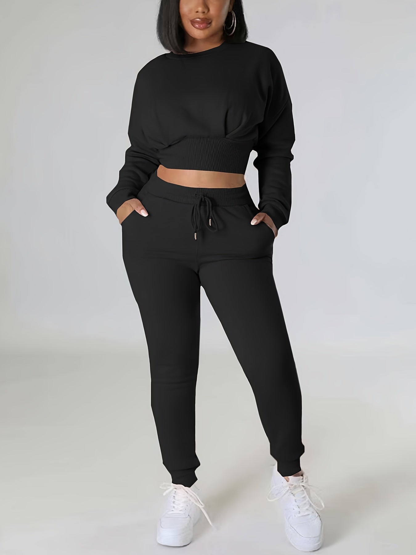 Women's Ribbed Fleece-Lined Casual Two-Piece Set: Long Sleeve Crop Top & High-Waist Pants - Stretchy Polyester Blend, Machine Washable, Solid Black