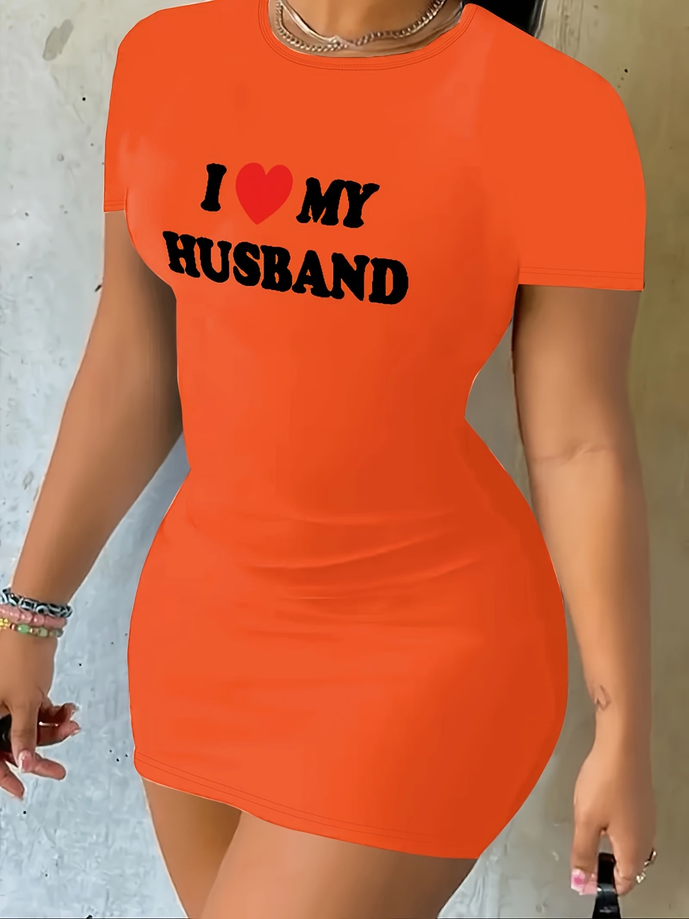 L Love My Husband Print Bodycon Dress, Casual Short Sleeve Crew Neck Dress, Women's Clothing