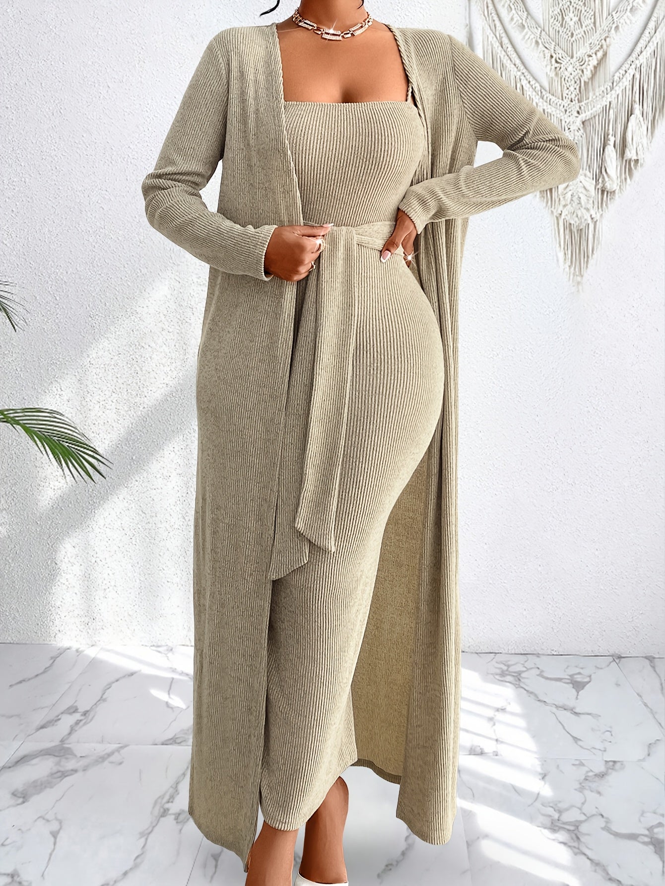 Women's Casual and Elegant Two-piece Set with Hollowed-out Ribbed Solid Color Thin Shoulder Strap Halter Dress and Jacket with Side Waist Tie