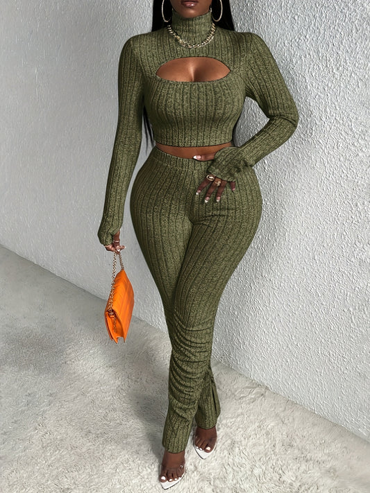 Sexy Slim Ribbed Two-piece Set, Long Sleeve Mock Neck Cut Out Crop Top & High Waist Skinny LeggingsOutfits, Women's Clothing