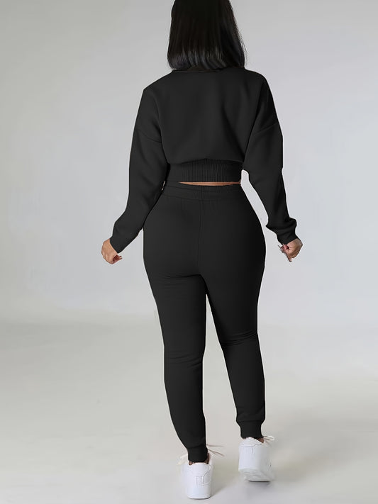 Women's Ribbed Fleece-Lined Casual Two-Piece Set: Long Sleeve Crop Top & High-Waist Pants - Stretchy Polyester Blend, Machine Washable, Solid Black