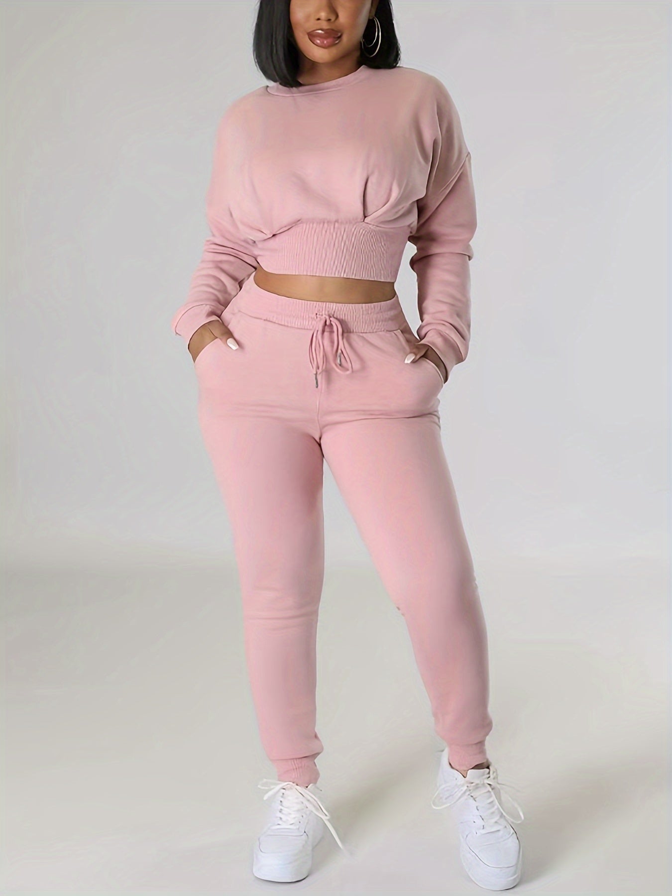 Women's Ribbed Fleece-Lined Casual Two-Piece Set: Long Sleeve Crop Top & High-Waist Pants - Stretchy Polyester Blend, Machine Washable, Solid Black