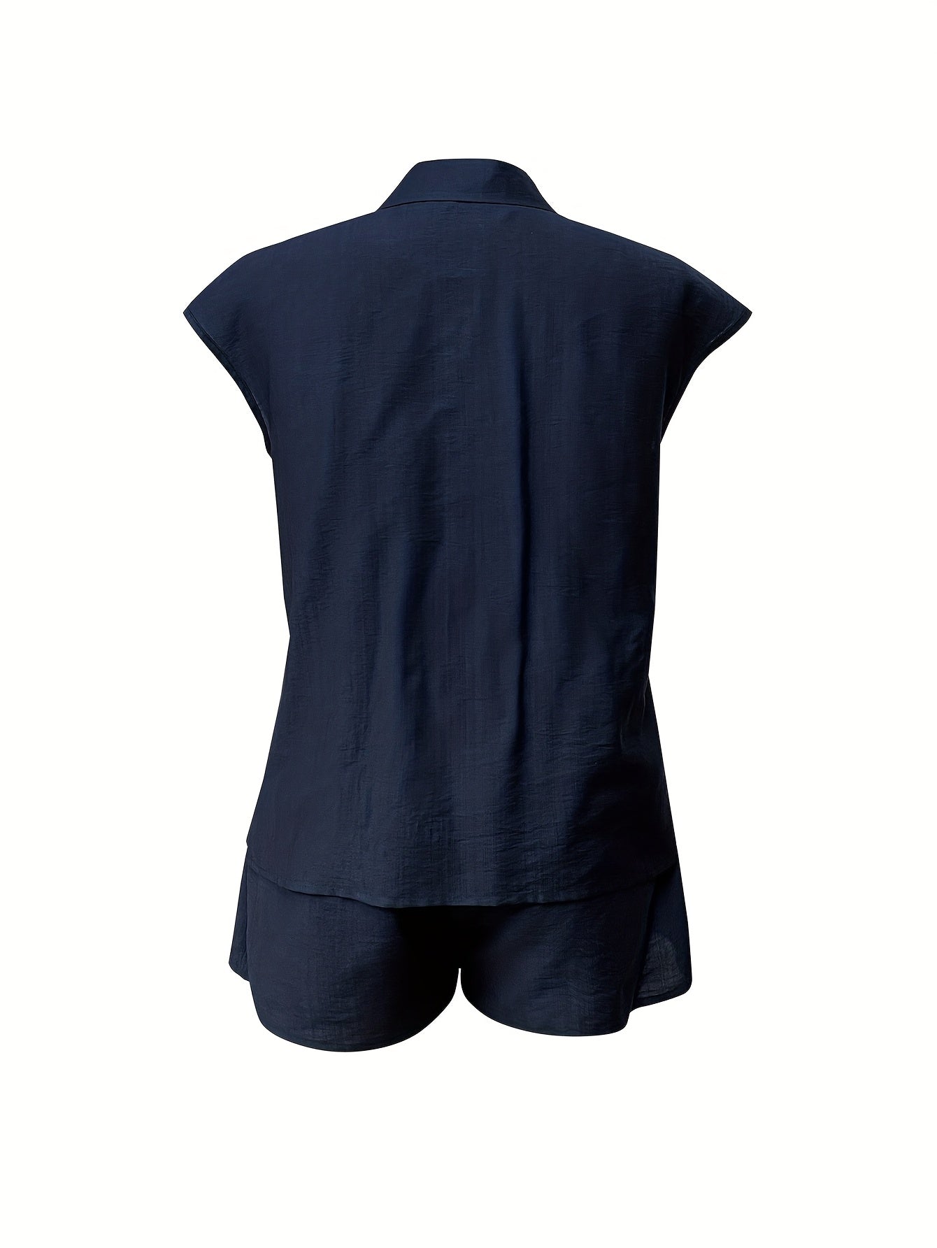 Elegant Navy Blue Short Sleeve Shirt with Lapel Collar & Drawstring Shorts - Comfortable Polyester Blend Outfit for Casual Attire, Versatile Clothing|Sleek Design|Polyester Fabric