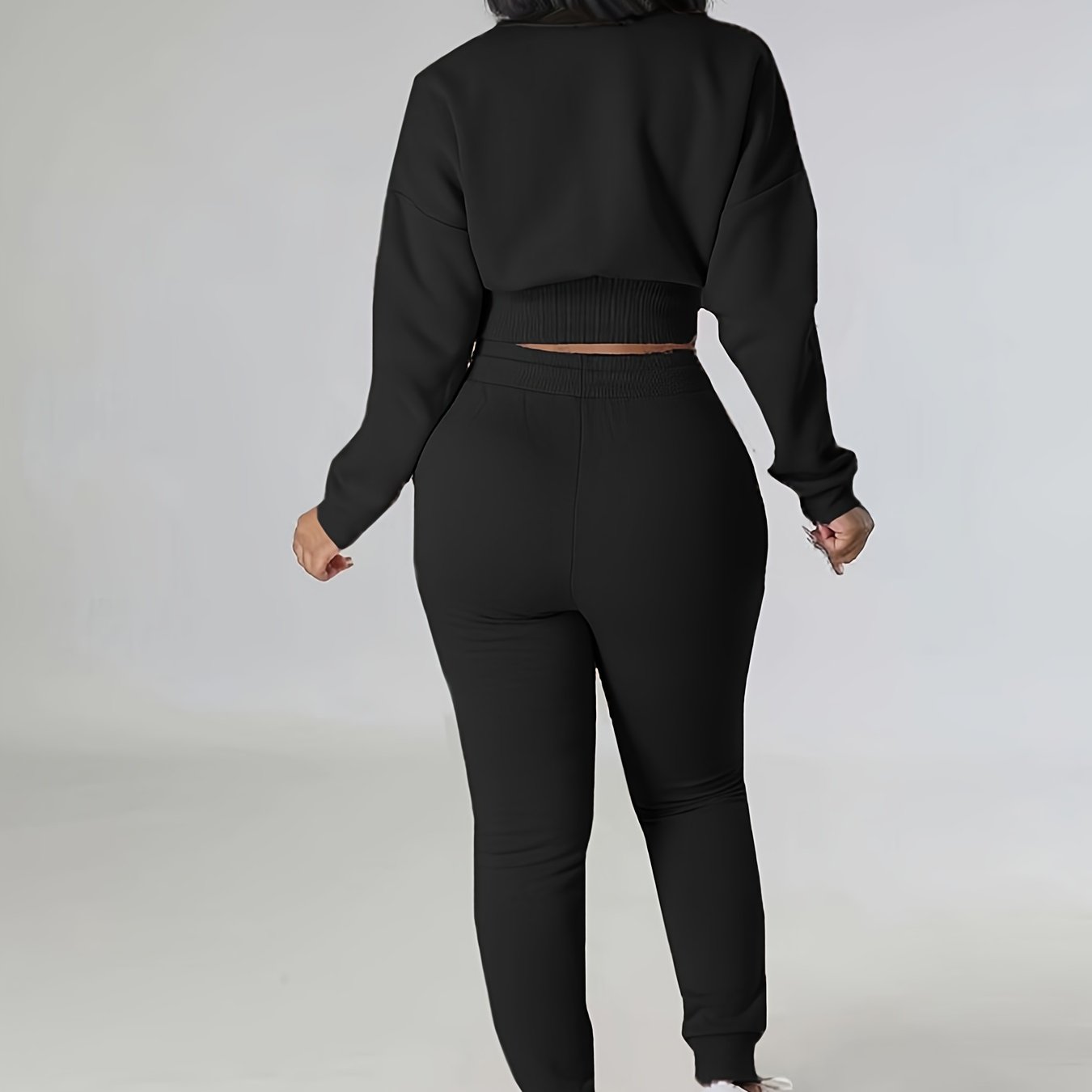 Women's Ribbed Fleece-Lined Casual Two-Piece Set: Long Sleeve Crop Top & High-Waist Pants - Stretchy Polyester Blend, Machine Washable, Solid Black