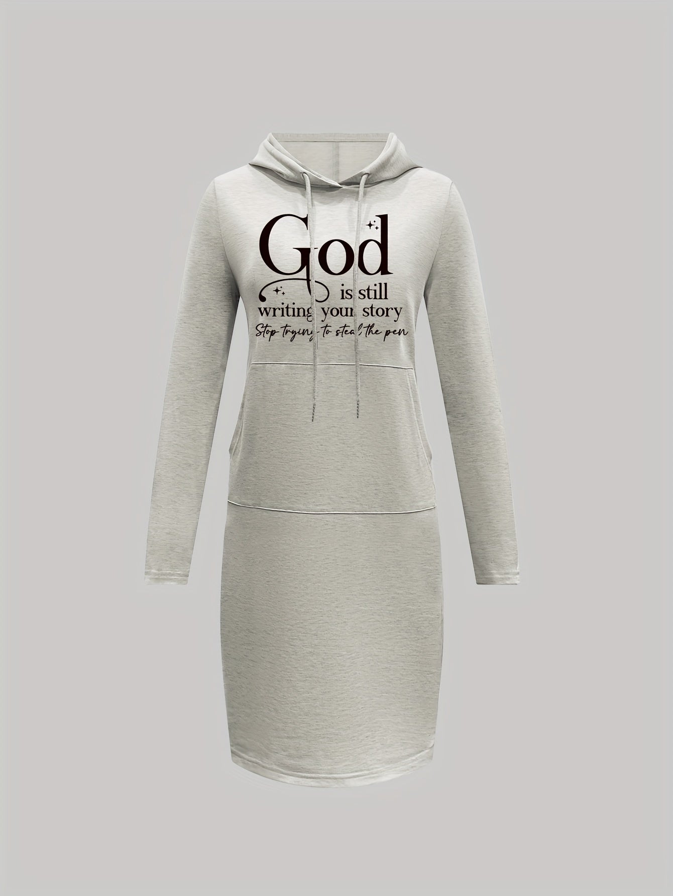 Women'S Hooded Dress - Light Grey with Bold "GOD is Still Writing Your Story" Print - Formal Casual Outfits - Spring/Fall Everyday & Special Occasion Dress - Women'S Clothing, Spring Autumn Attire, Comfortable Fit, Spring Fas