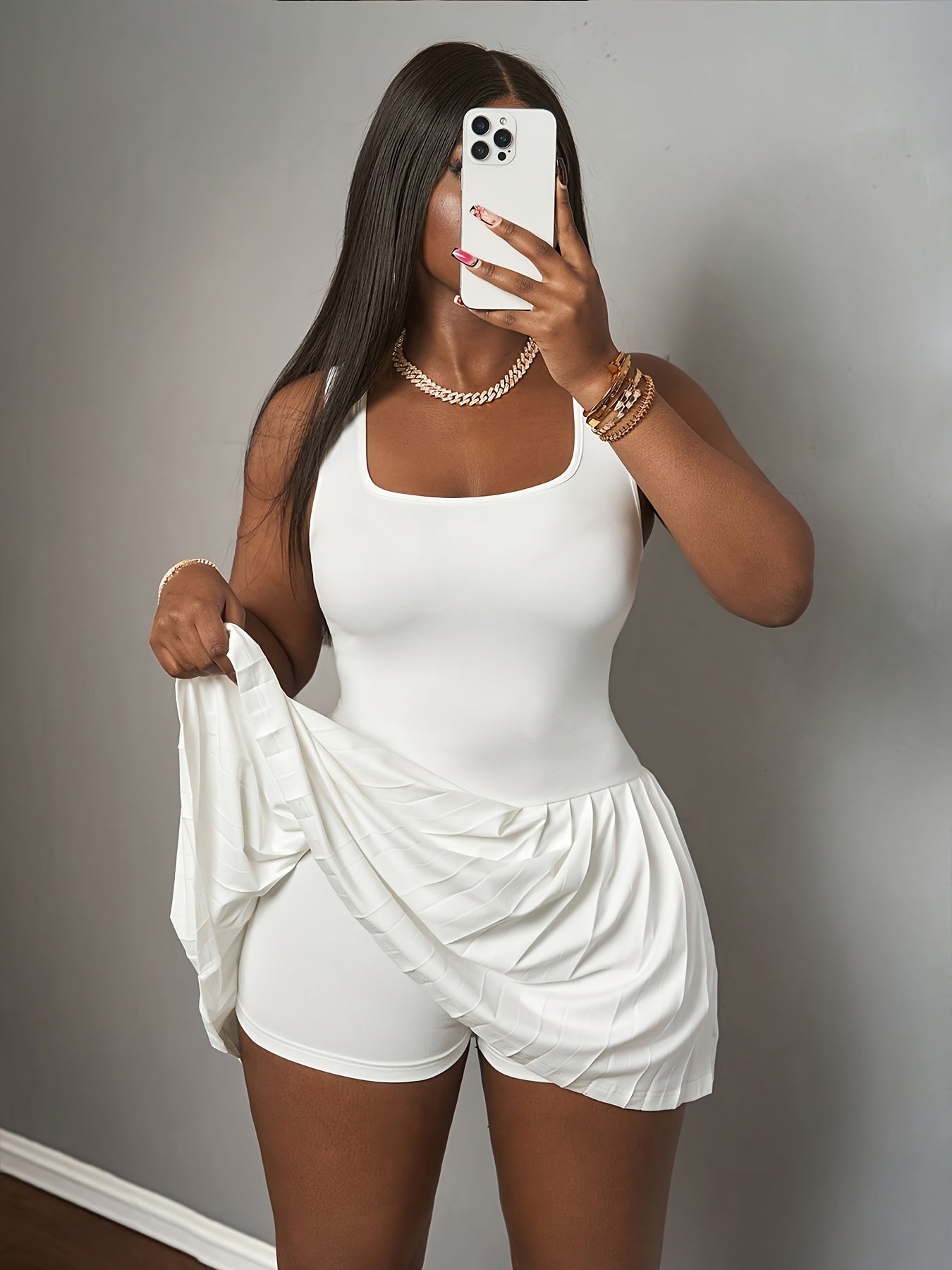 Women's High-Waisted Stretchy Sleeveless Square Neck Mini Dress with Pleated Hem - Flared Fitted Top & Flared Skirt for Commuting, Tennis, Gym, Dates - Machine Washable White Casual Chic Outfit, Fitness Clothing