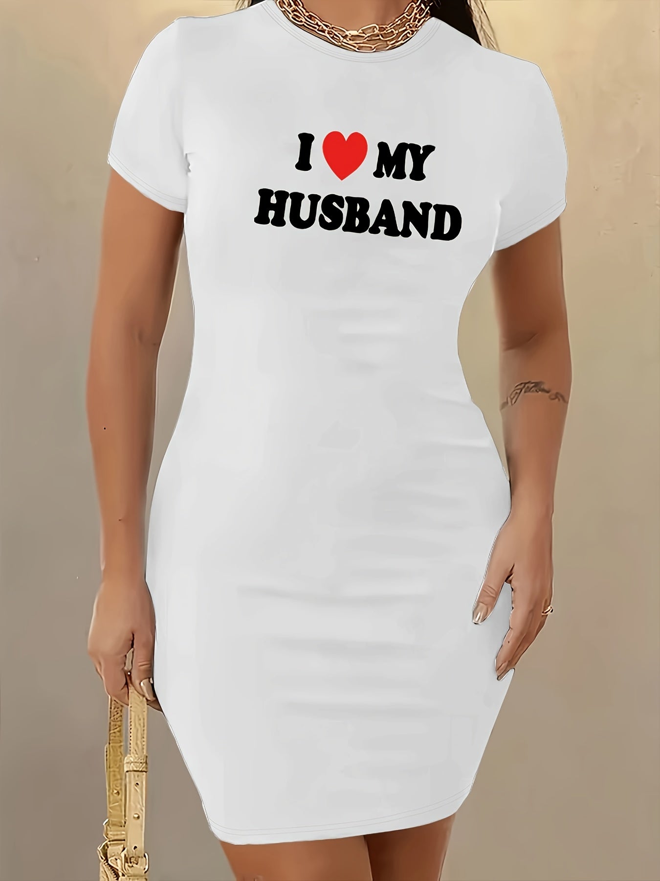 L Love My Husband Print Bodycon Dress, Casual Short Sleeve Crew Neck Dress, Women's Clothing