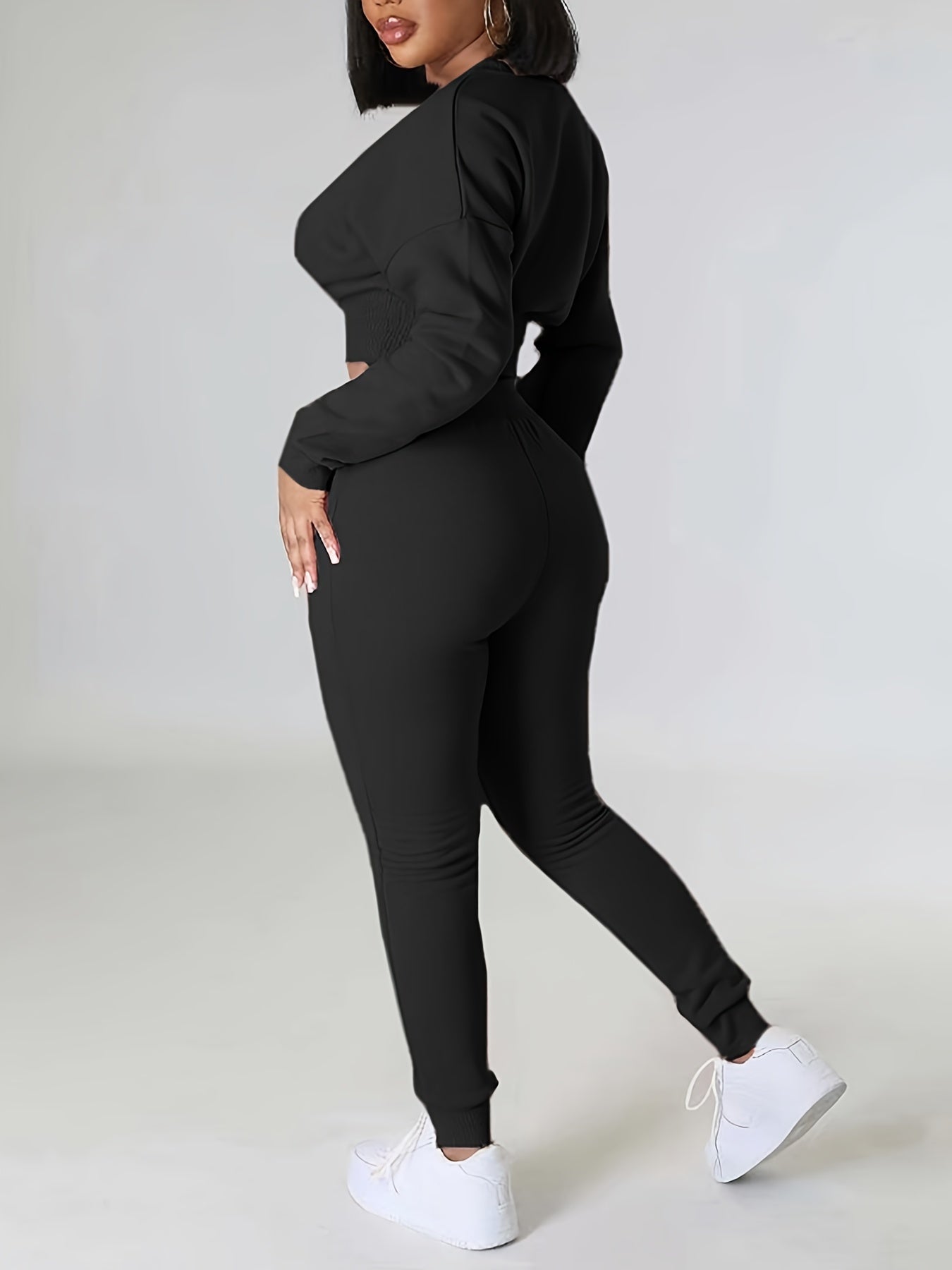 Women's Ribbed Fleece-Lined Casual Two-Piece Set: Long Sleeve Crop Top & High-Waist Pants - Stretchy Polyester Blend, Machine Washable, Solid Black