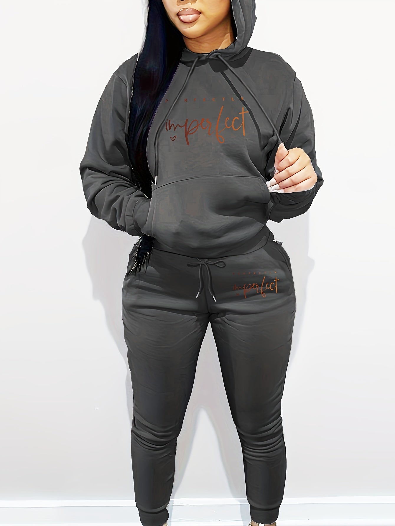 Women's Casual Letter Print Hoodie & Pants Set - Cozy Polyester, Machine Washable, with Pockets - Perfect for Fall/Winter