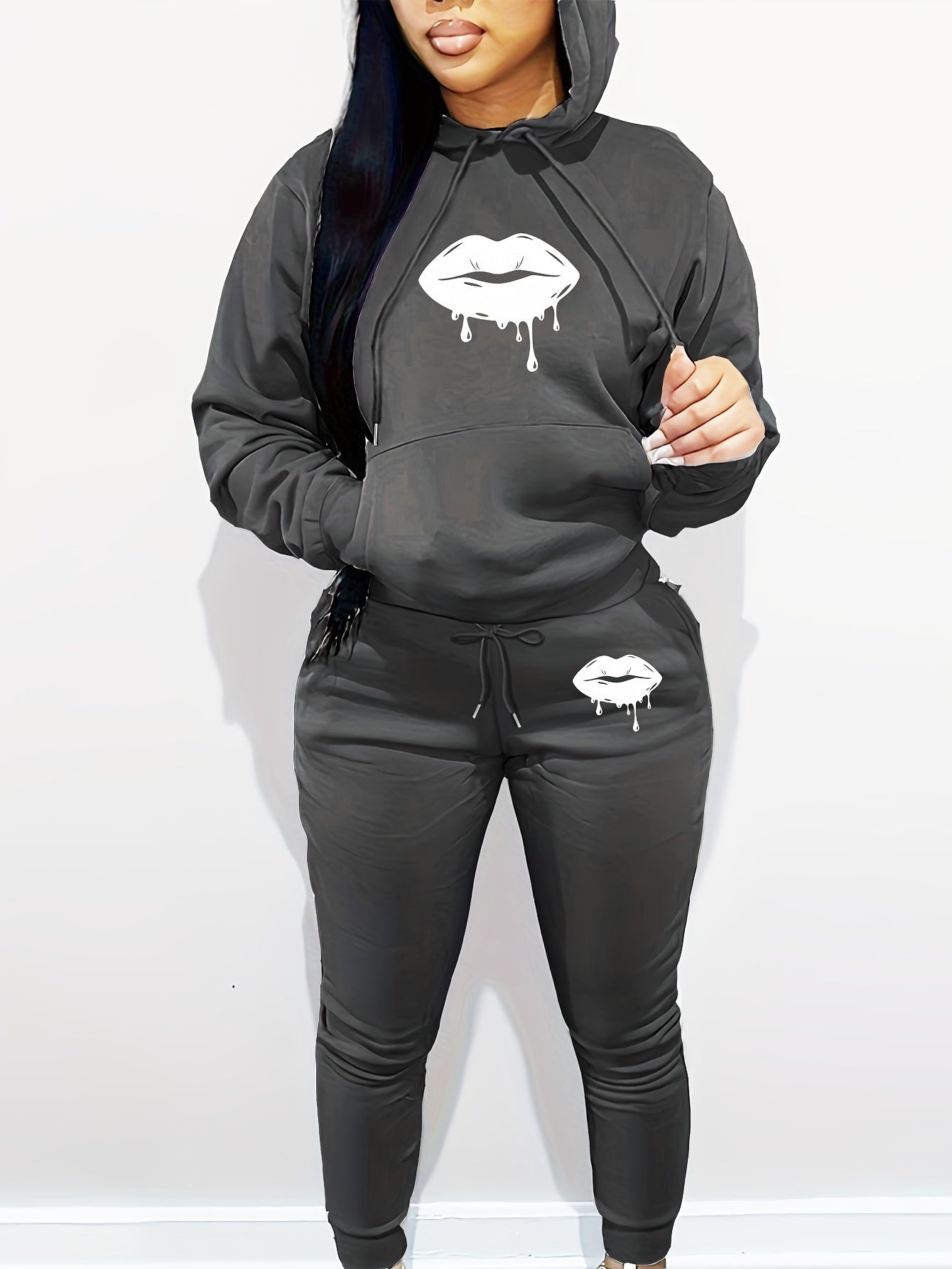 Women'S Casual Two-Piece Set - Gray Hoodie with Black Lip Print & Matching Pants, Long Sleeve, Drawstring Hood, Pockets, Comfortable Fall/Winter Outfit, Comfortable Clothing | Playful Design | Drawstring Hoodie