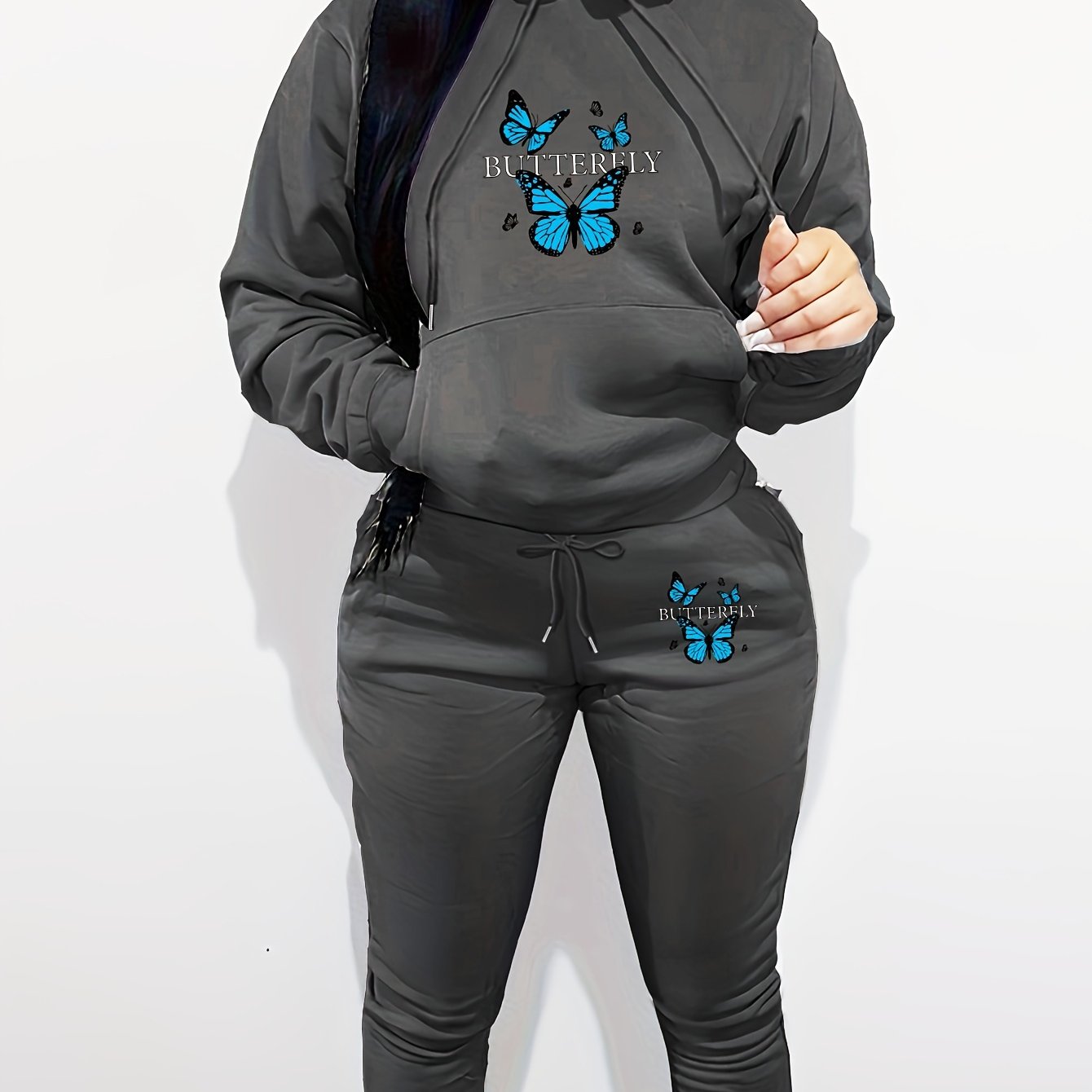 Butterfly Pattern Hooded Long Sleeve Hoodie and Pants - Women's Casual Two-Piece Knit Polyester Set with Pockets