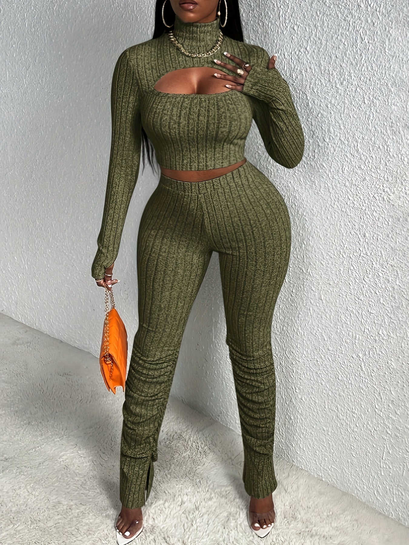 Sexy Slim Ribbed Two-piece Set, Long Sleeve Mock Neck Cut Out Crop Top & High Waist Skinny LeggingsOutfits, Women's Clothing