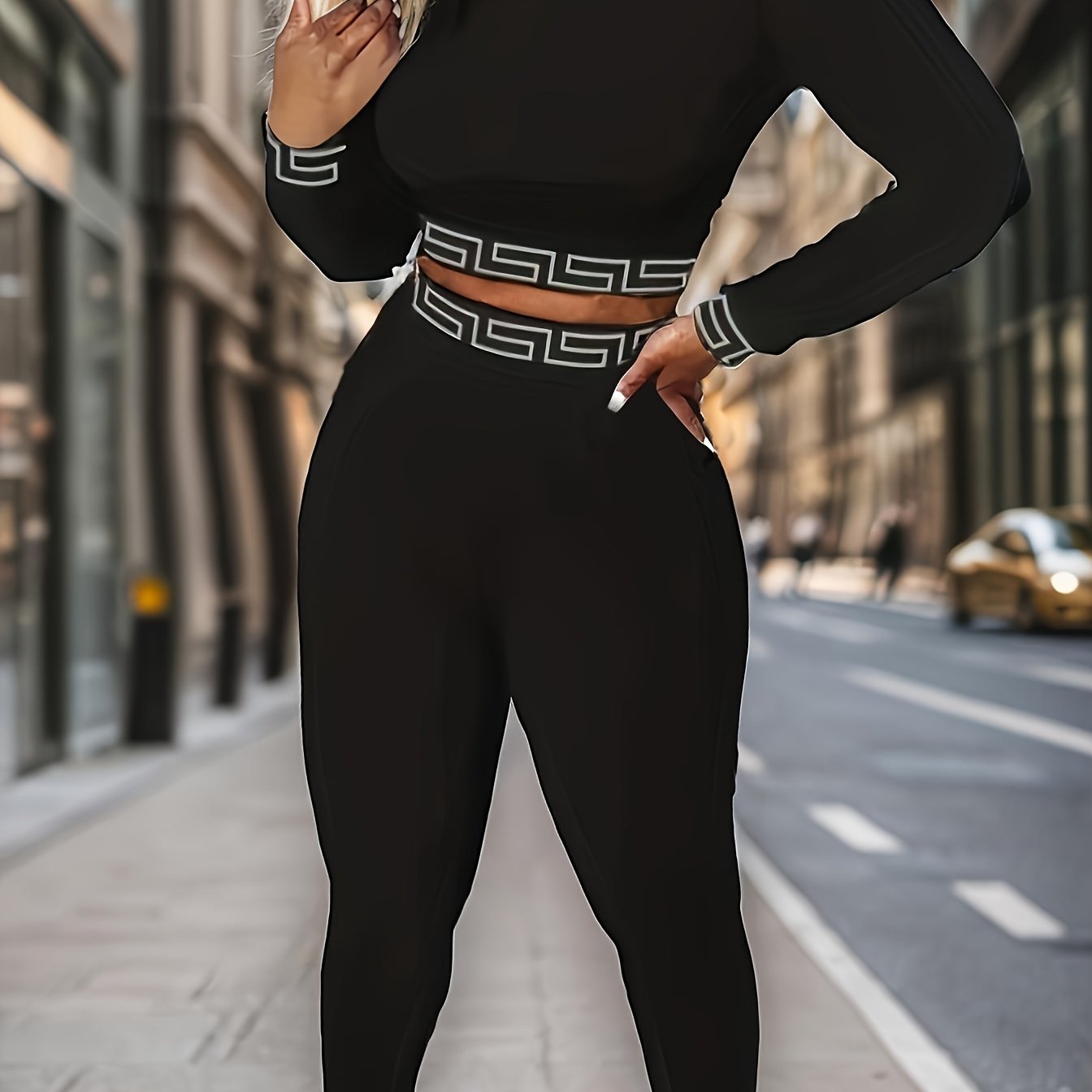 Sleek Style| Women's Chic Black Two-Piece Set: Geometric Cut-Out Long Sleeve Crop Top & High-Waisted Pants - Stretchy Polyester, Machine Washable, Casual Style