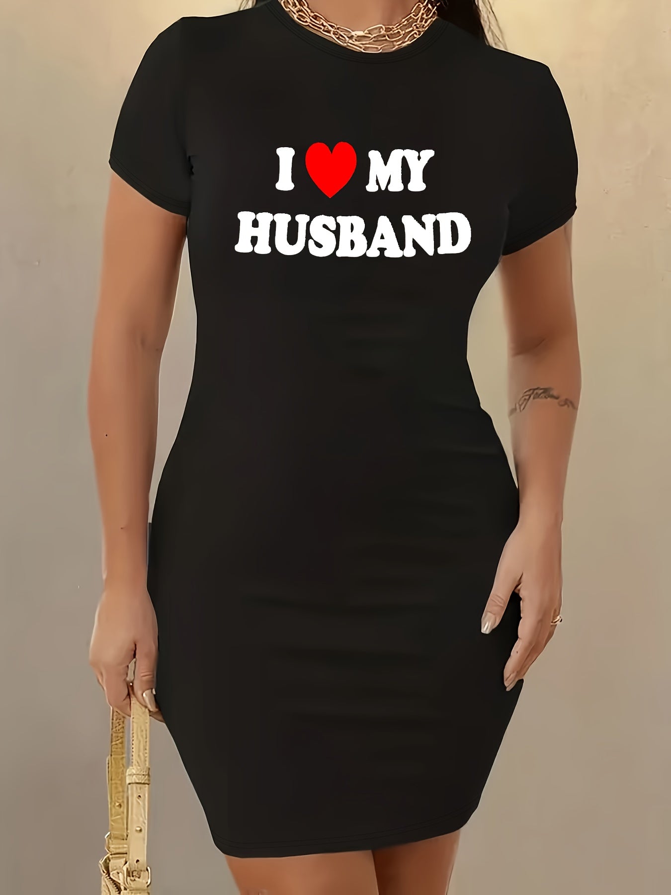 L Love My Husband Print Bodycon Dress, Casual Short Sleeve Crew Neck Dress, Women's Clothing