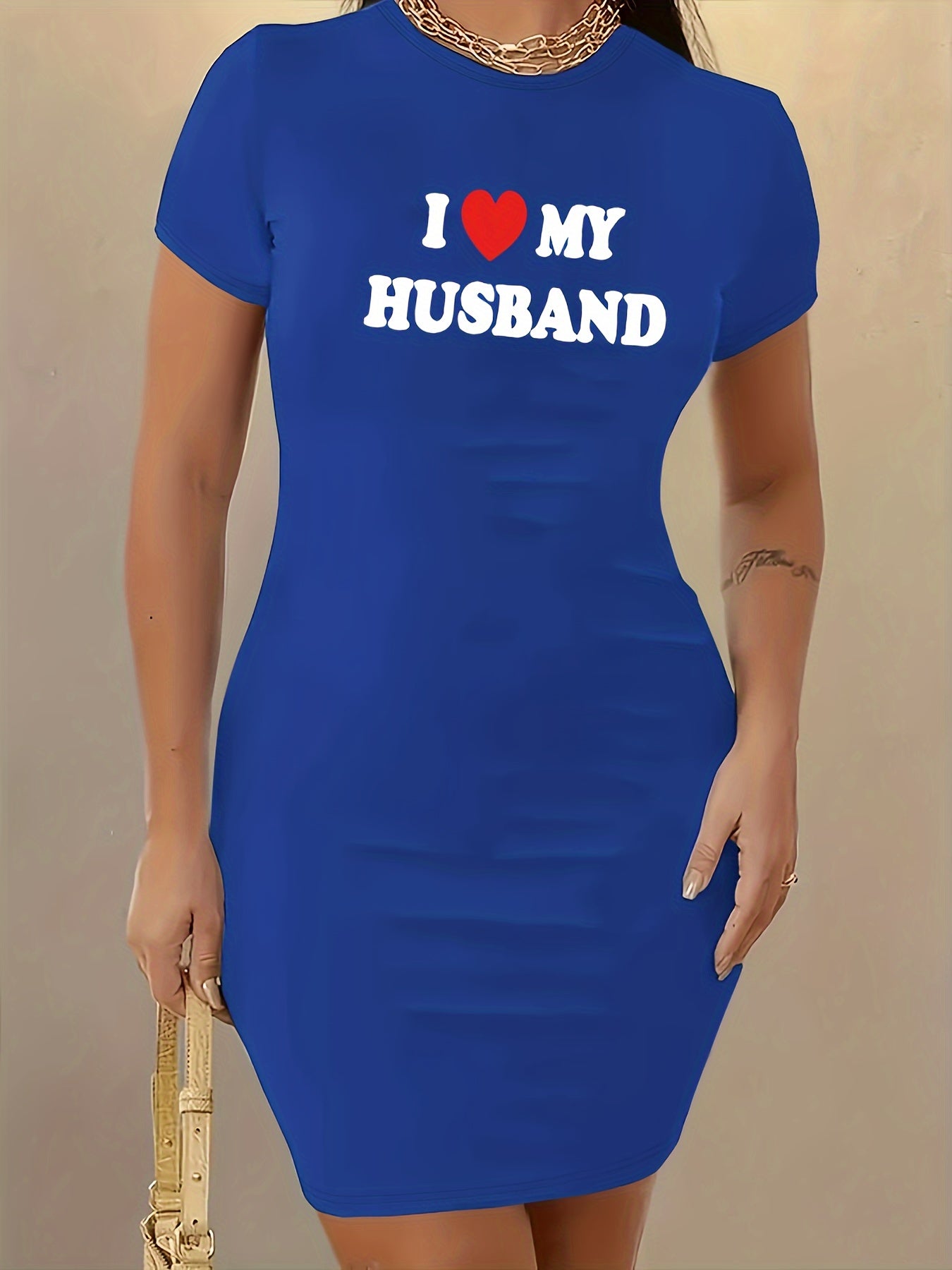 L Love My Husband Print Bodycon Dress, Casual Short Sleeve Crew Neck Dress, Women's Clothing