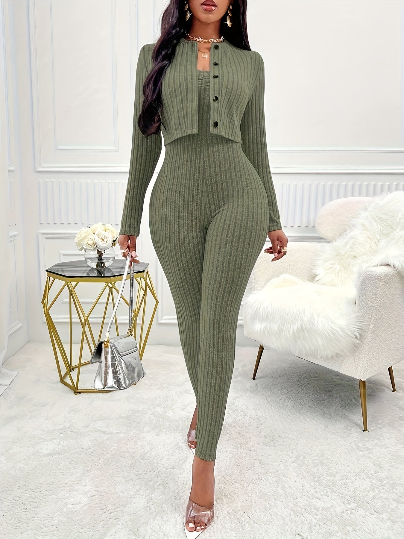 Women's Solid Color Ribbed Two-piece Set - Long Sleeve Button Front Crop Cardigan & Skinny Strapless Jumpsuit Outfits - For Women - Perfect for Casual & Party Occasions - Stylish Gift for Fashionable Women