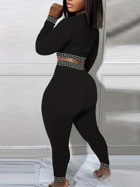 Sleek Style| Women's Chic Black Two-Piece Set: Geometric Cut-Out Long Sleeve Crop Top & High-Waisted Pants - Stretchy Polyester, Machine Washable, Casual Style
