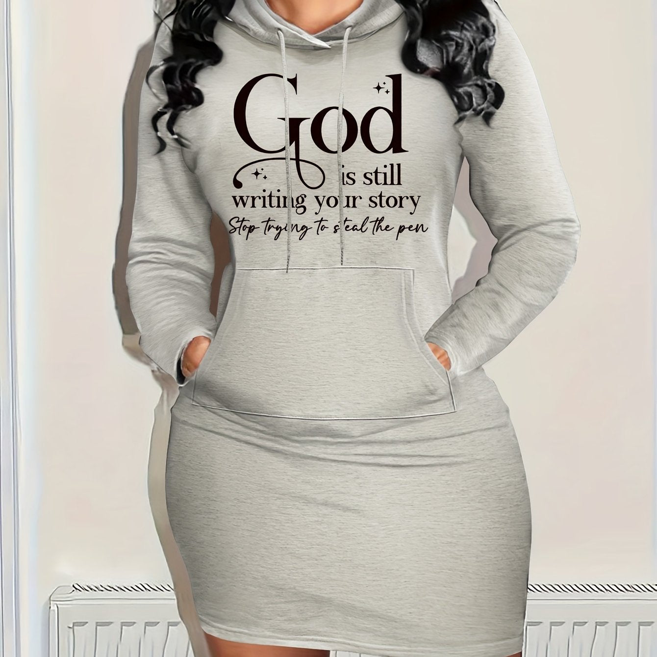 Women'S Hooded Dress - Light Grey with Bold "GOD is Still Writing Your Story" Print - Formal Casual Outfits - Spring/Fall Everyday & Special Occasion Dress - Women'S Clothing, Spring Autumn Attire, Comfortable Fit, Spring Fas