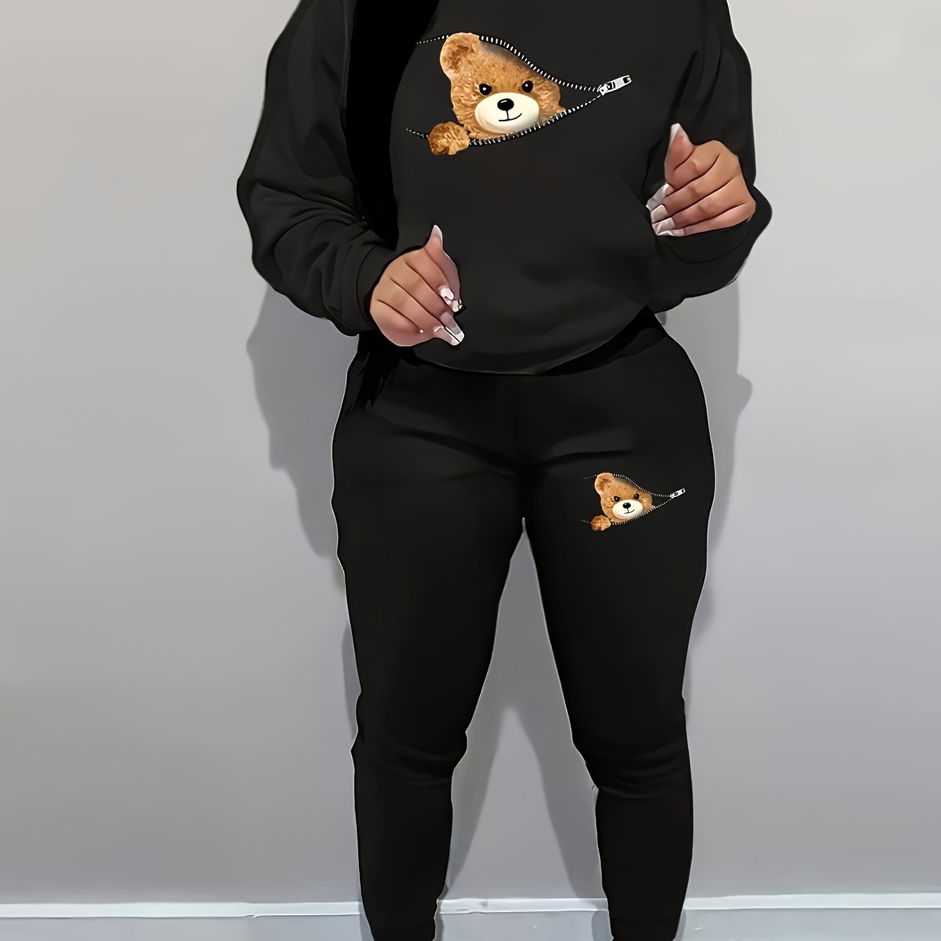 Casual Chic Bear Print Pantsuit Set - Women's Comfy Crew Neck Long Sleeve Sweatshirt and Slim Fit Sweatpants for Spring and Fall - Soft, Breathable, and Cozy Clothing for Everyday Wear