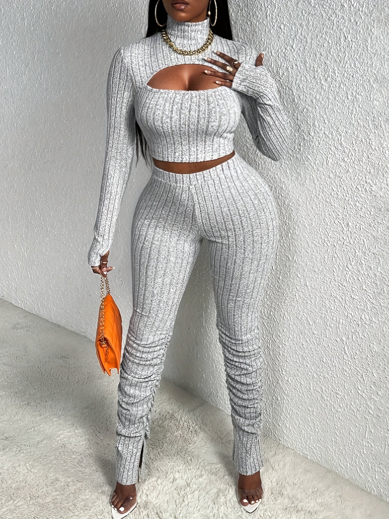 Sexy Slim Ribbed Two-piece Set, Long Sleeve Mock Neck Cut Out Crop Top & High Waist Skinny LeggingsOutfits, Women's Clothing