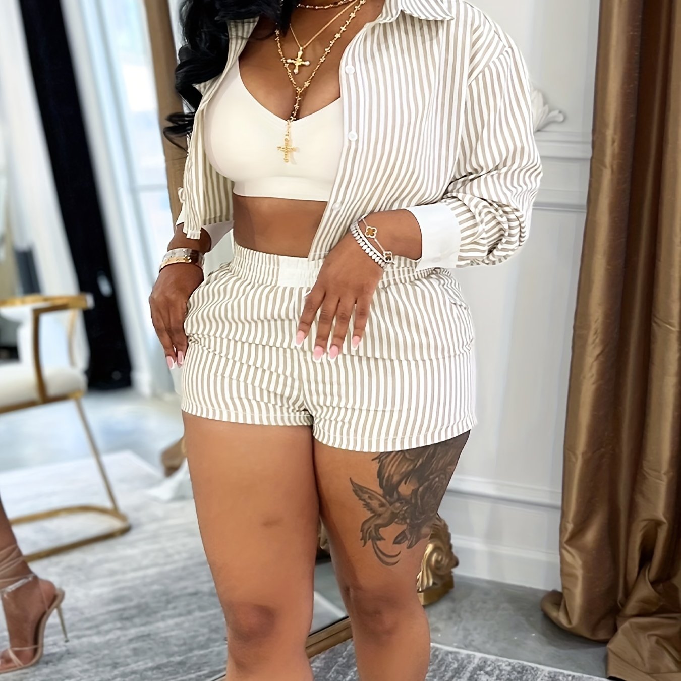 TW713 Spring-Summer Casual Chic Women's Striped Long Sleeve Shirt and Shorts Set