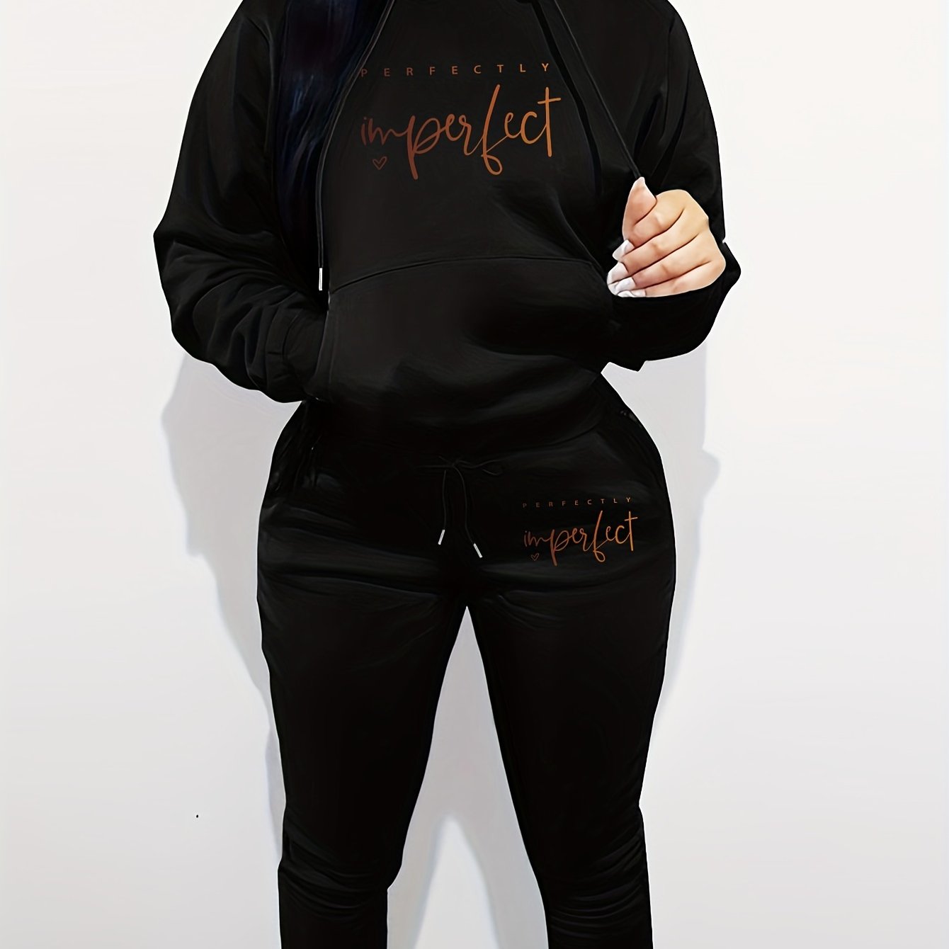 Women's Casual Letter Print Hoodie & Pants Set - Cozy Polyester, Machine Washable, with Pockets - Perfect for Fall/Winter