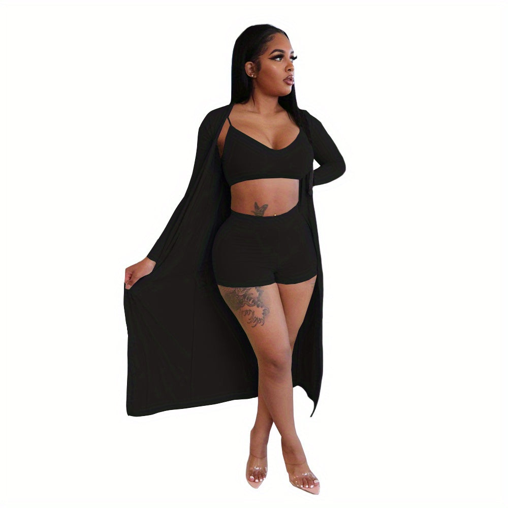 Casual Solid Three-piece Set, Crop Cami Top & High Waist Shorts & Open Front Coat Outfits, Women's Clothing