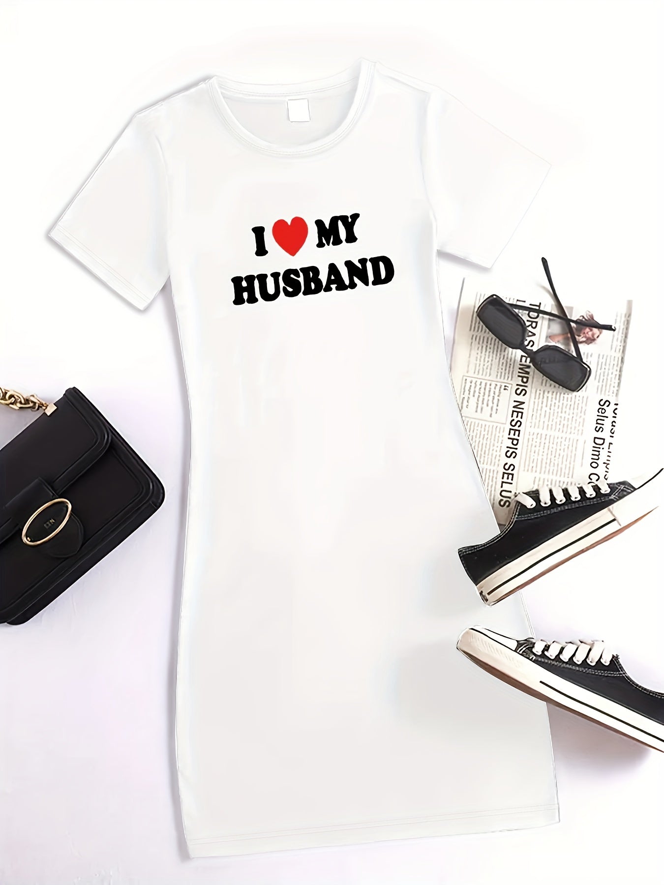 L Love My Husband Print Bodycon Dress, Casual Short Sleeve Crew Neck Dress, Women's Clothing