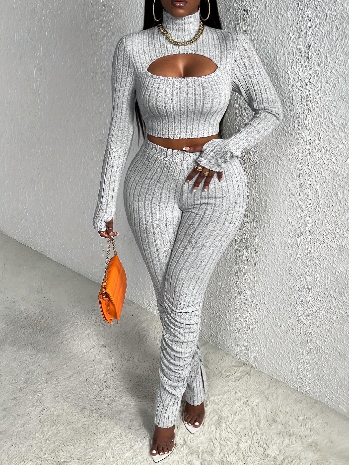 Sexy Slim Ribbed Two-piece Set, Long Sleeve Mock Neck Cut Out Crop Top & High Waist Skinny LeggingsOutfits, Women's Clothing
