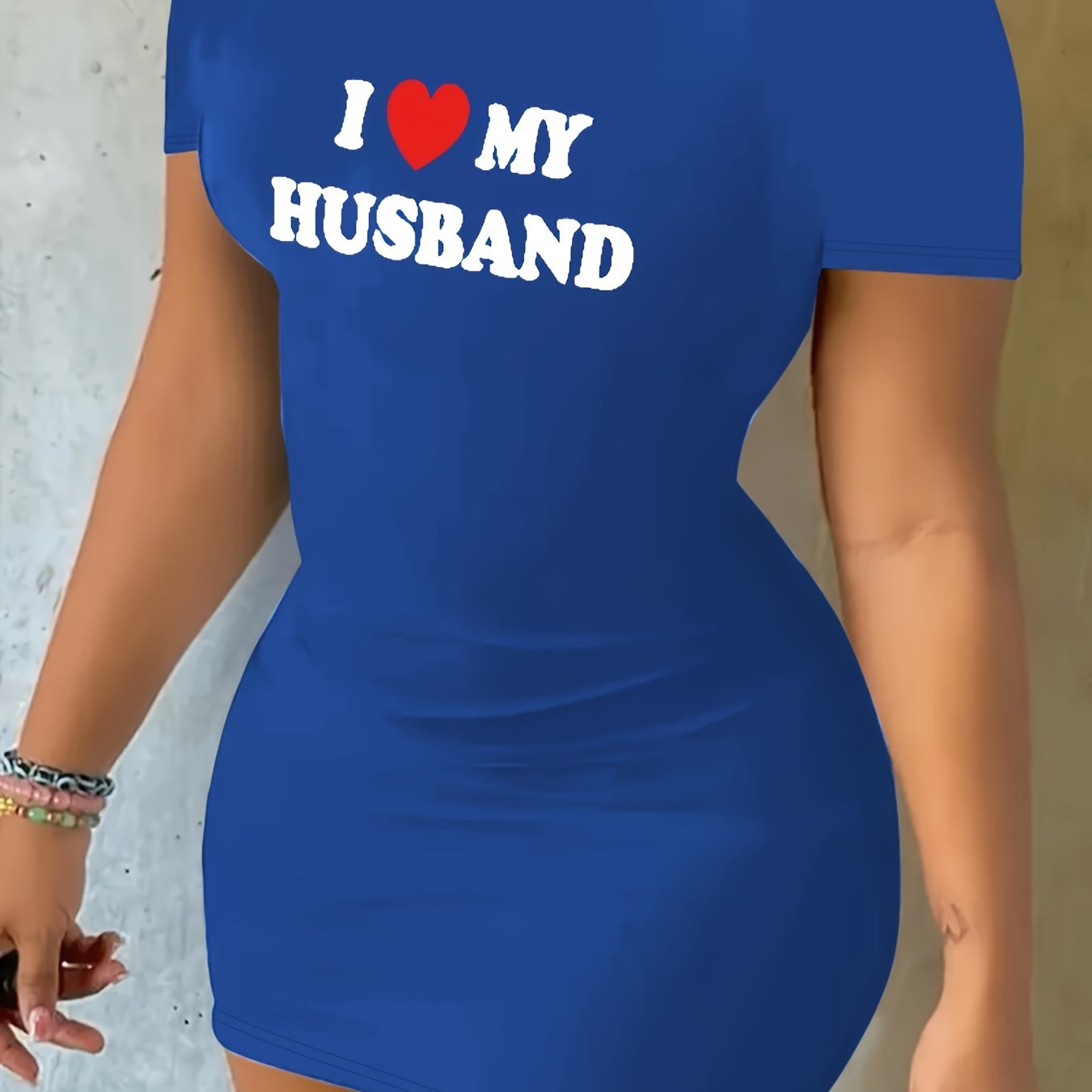 L Love My Husband Print Bodycon Dress, Casual Short Sleeve Crew Neck Dress, Women's Clothing