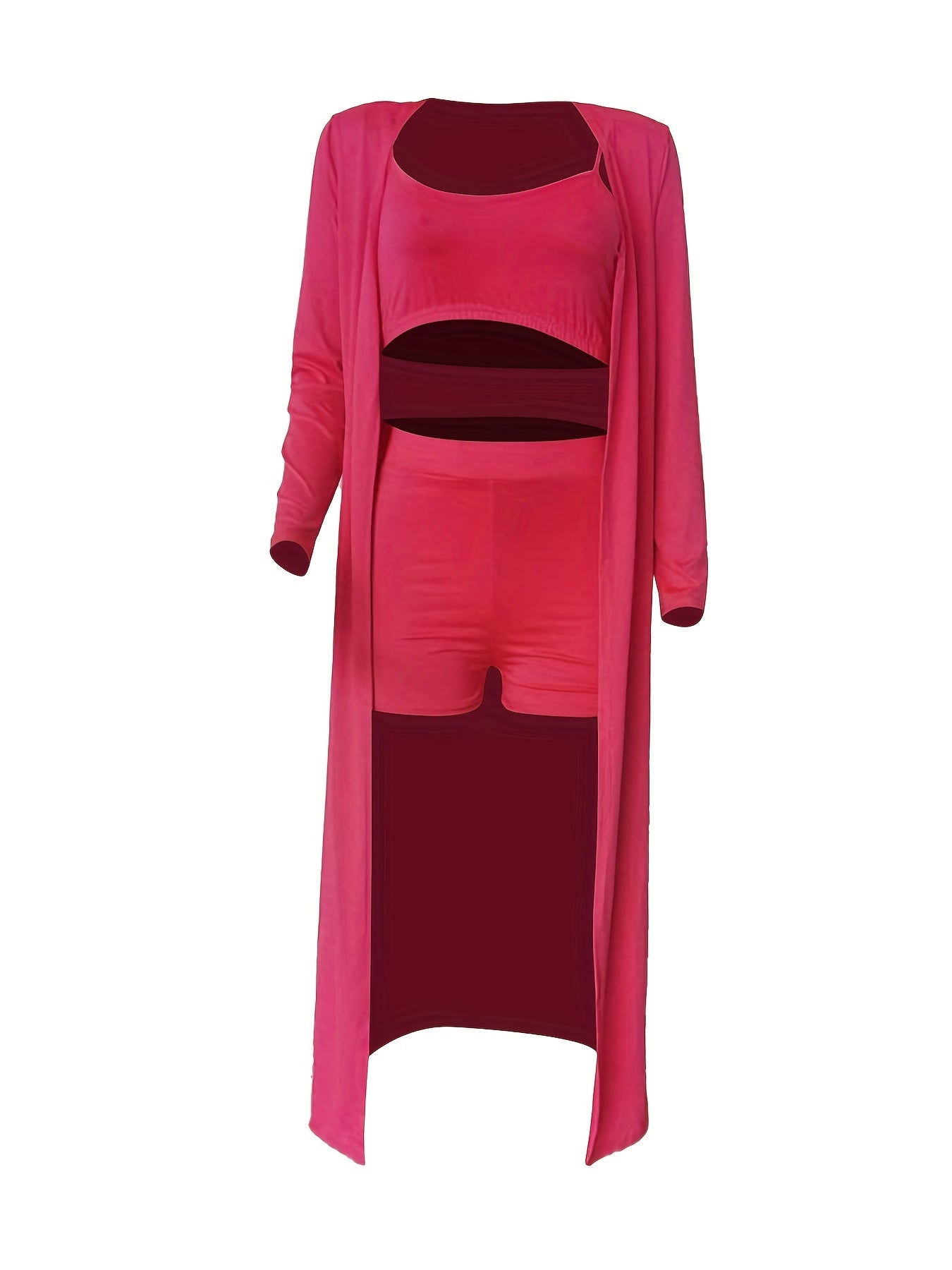 Casual Solid Three-piece Set, Crop Cami Top & High Waist Shorts & Open Front Coat Outfits, Women's Clothing