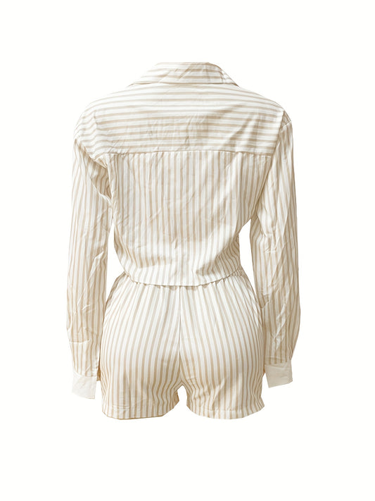 TW713 Spring-Summer Casual Chic Women's Striped Long Sleeve Shirt and Shorts Set