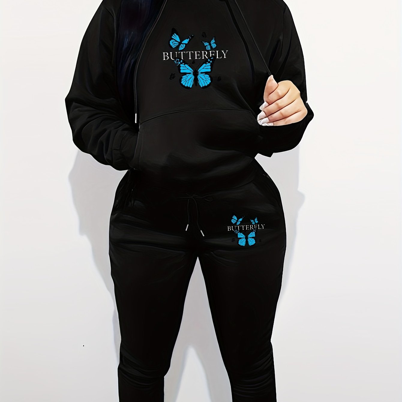 Butterfly Pattern Hooded Long Sleeve Hoodie and Pants - Women's Casual Two-Piece Knit Polyester Set with Pockets