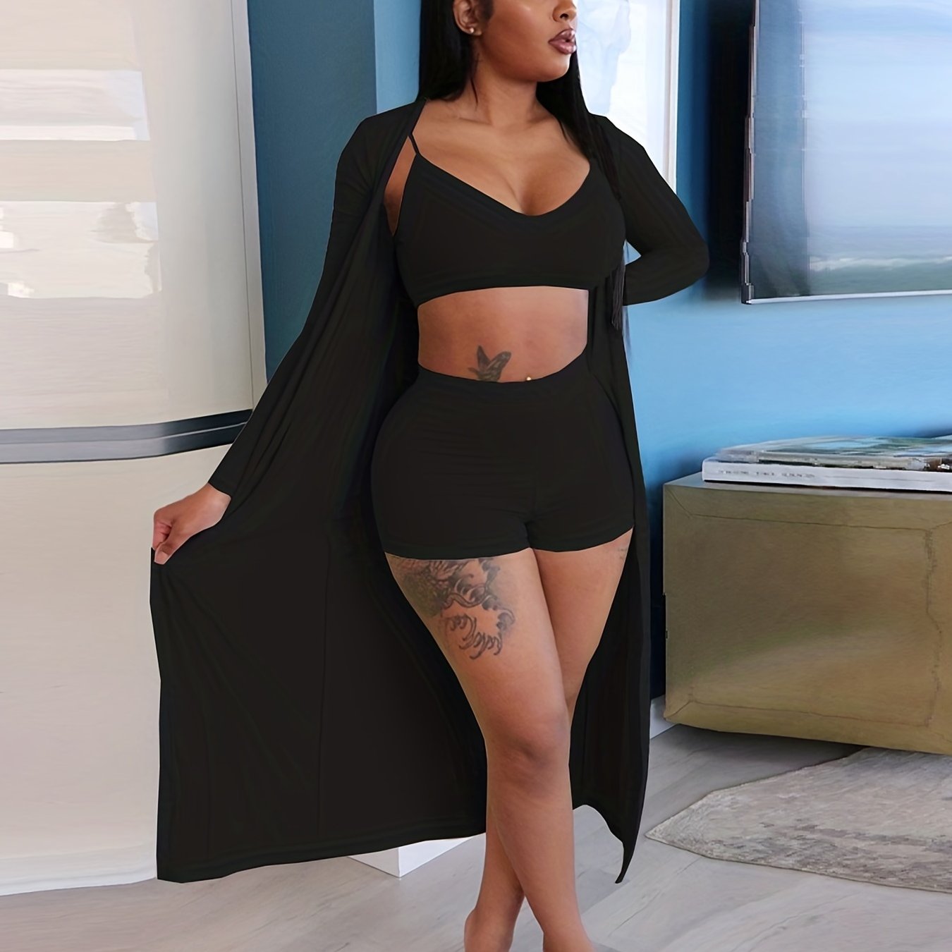 Casual Solid Three-piece Set, Crop Cami Top & High Waist Shorts & Open Front Coat Outfits, Women's Clothing
