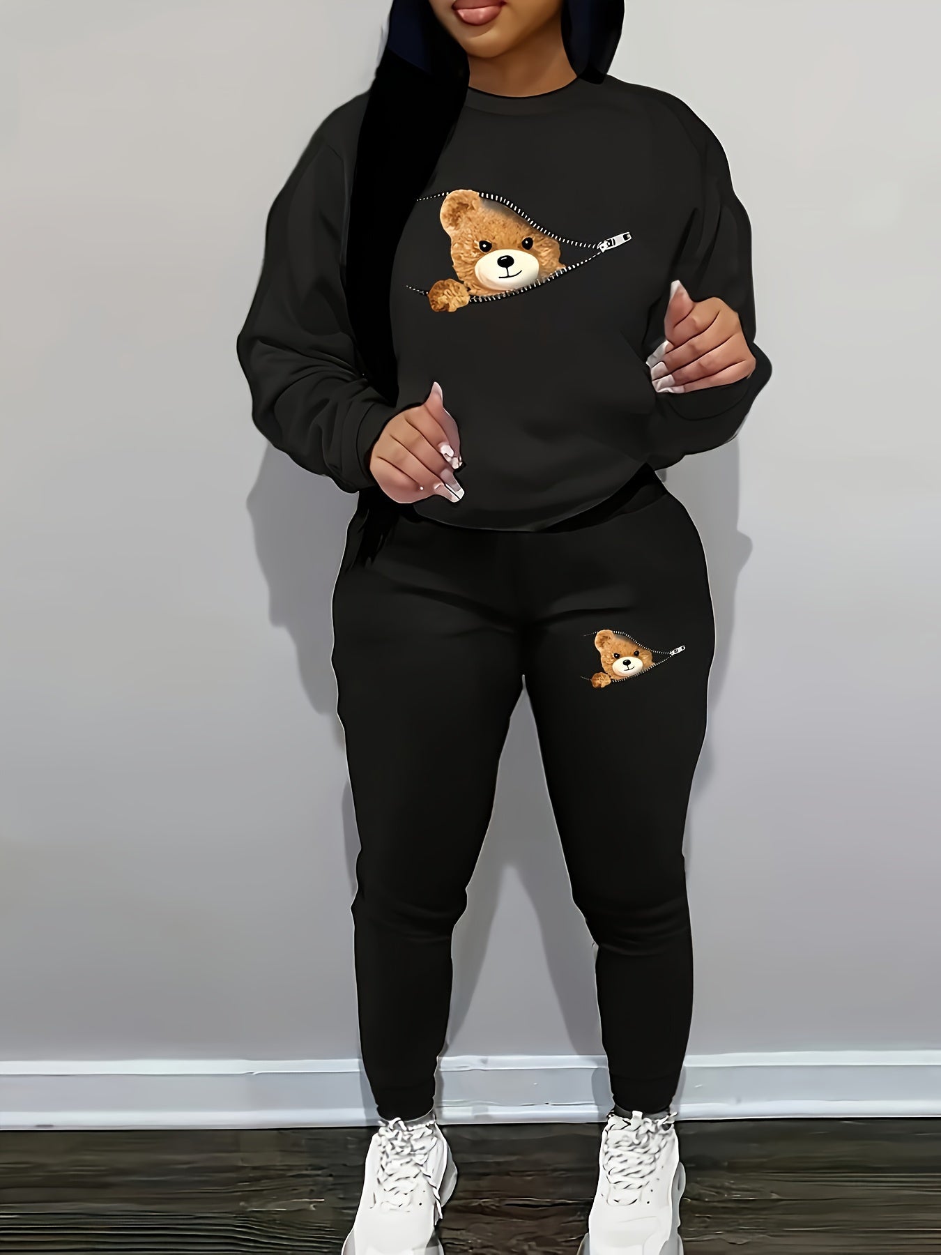 Casual Chic Bear Print Pantsuit Set - Women's Comfy Crew Neck Long Sleeve Sweatshirt and Slim Fit Sweatpants for Spring and Fall - Soft, Breathable, and Cozy Clothing for Everyday Wear