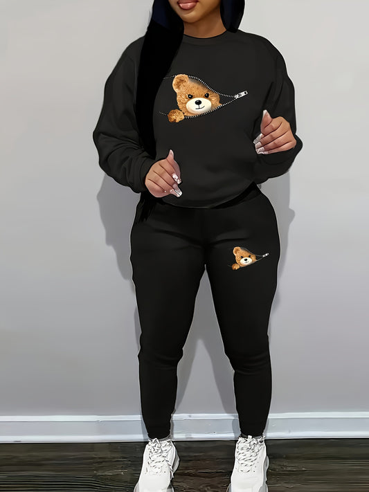 Casual Chic Bear Print Pantsuit Set - Women's Comfy Crew Neck Long Sleeve Sweatshirt and Slim Fit Sweatpants for Spring and Fall - Soft, Breathable, and Cozy Clothing for Everyday Wear